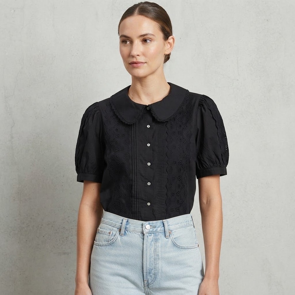 Joie Black Cotton Eyelet Lace Peter Pan Collar Short Sleeve Blouse Top Size M